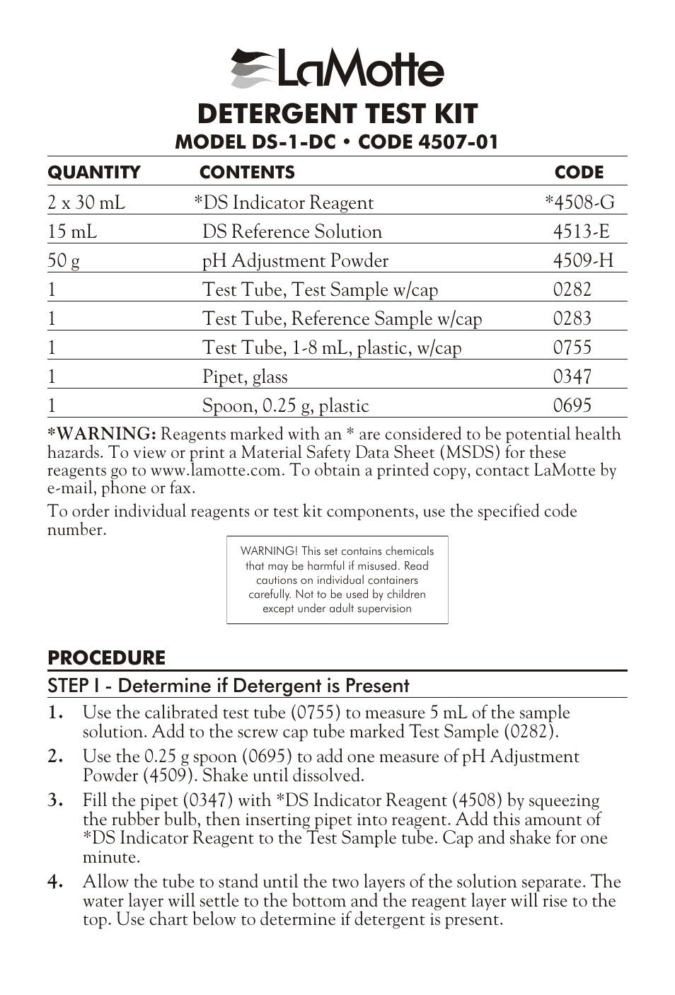 LaMotte DETERGENT TEST KIT DS-1-DC User Manual | 2 pages