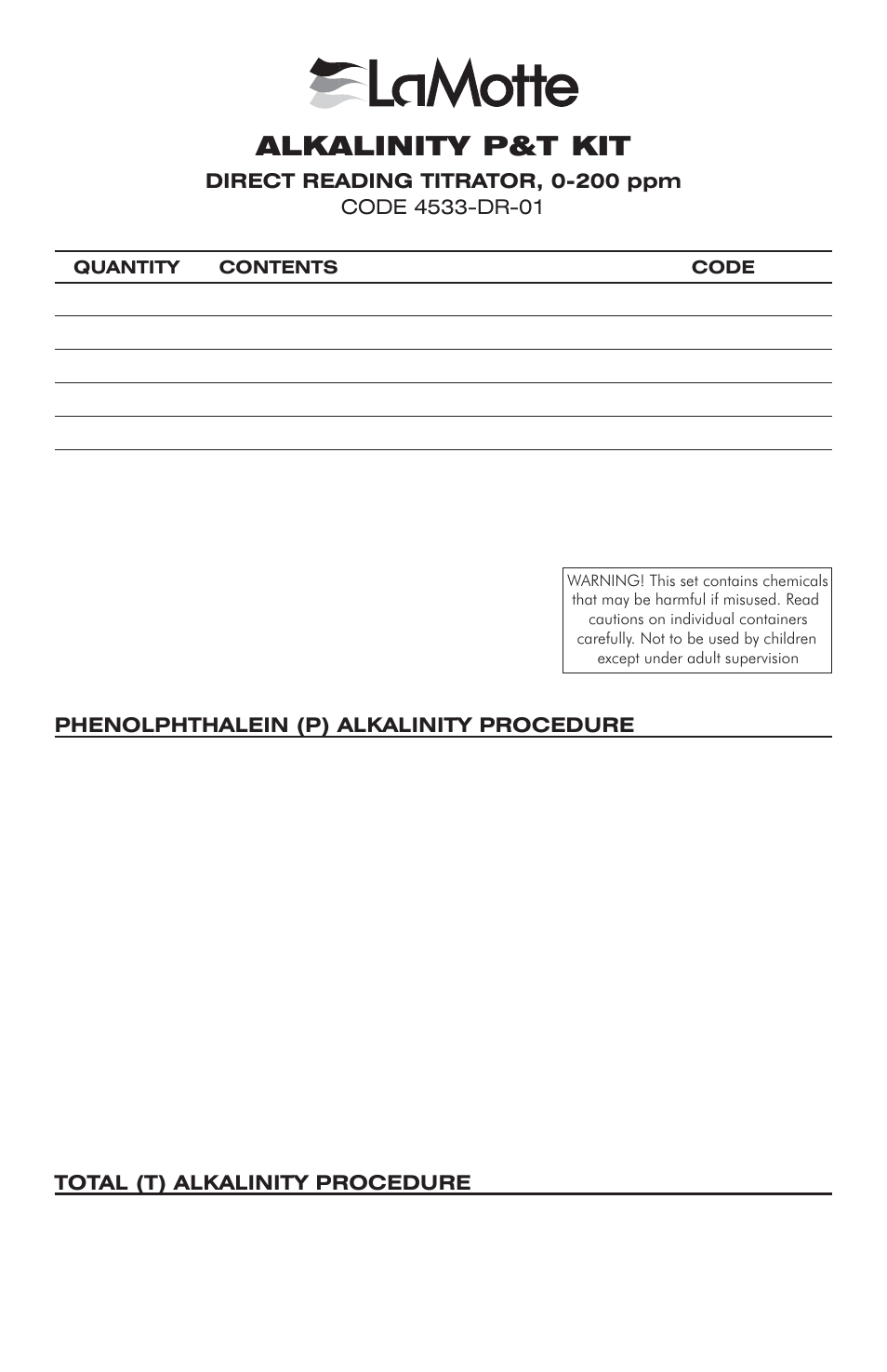 LaMotte ALKALINITY P&T KIT User Manual | 2 pages