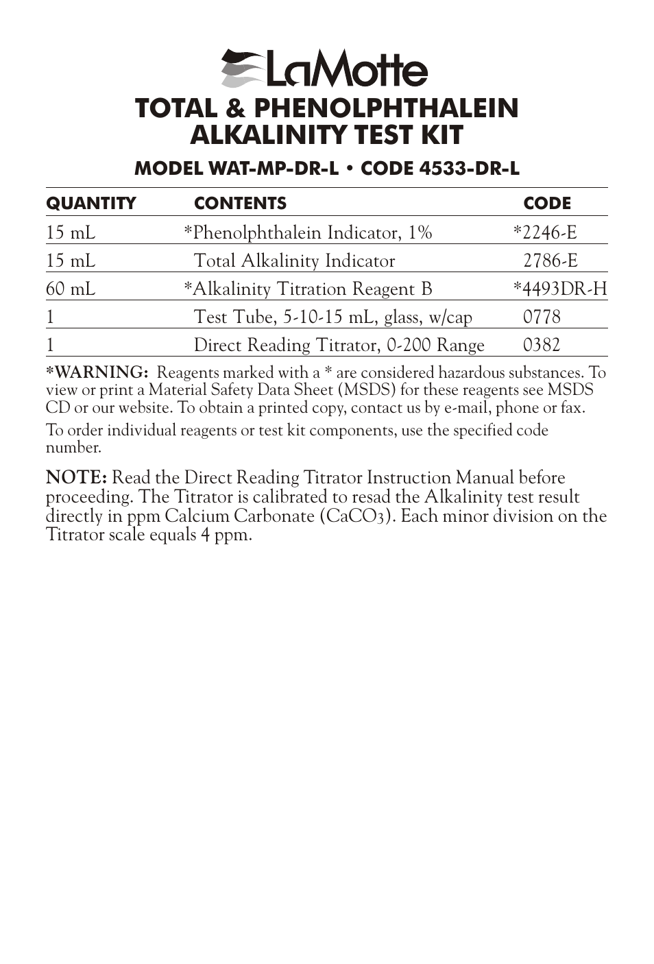 LaMotte TOTAL & PHENOLPHTHALEIN ALKALINITY TEST KIT WAT-MP-DR-L User Manual | 4 pages