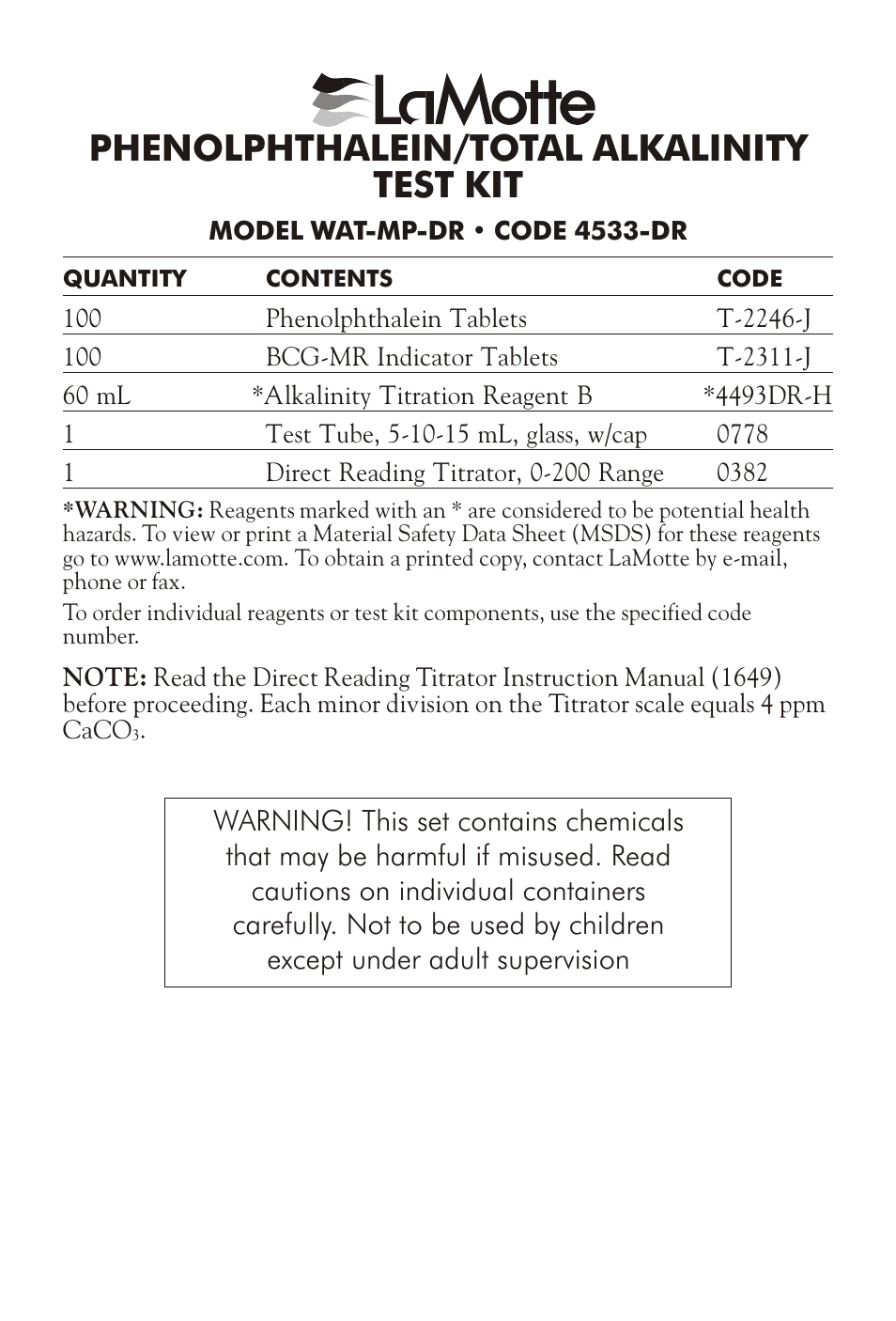 LaMotte PHENOLPHTHALEIN/TOTAL ALKALINITY TEST KIT WAT-MP-DR User Manual | 4 pages