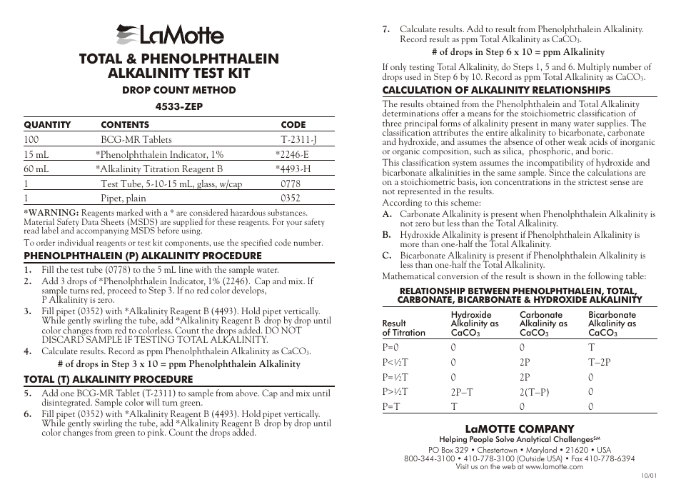 LaMotte TOTAL & PHENOLPHTHALEIN ALKALINITY TEST KIT 4533-ZEP User Manual | 2 pages