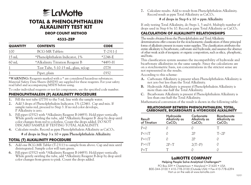 LaMotte TOTAL & PHENOLPHTHALEIN ALKALINITY TEST KIT 4533-ZEP User Manual | Page 2 / 2