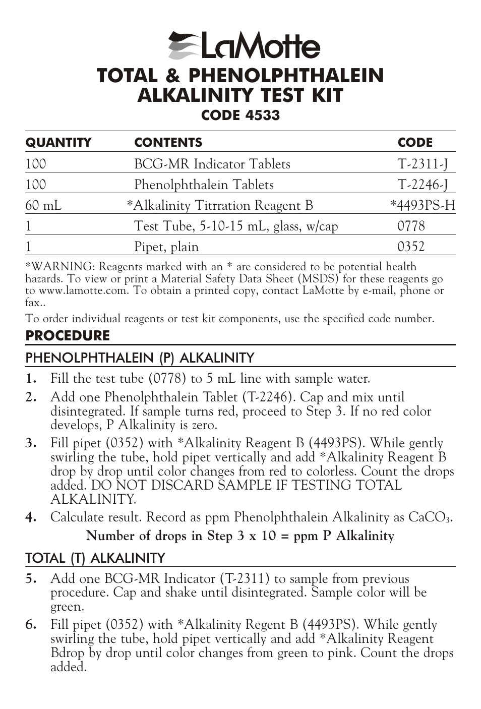 LaMotte TOTAL & PHENOLPHTHALEIN ALKALINITY TEST KIT 4533 User Manual | 2 pages