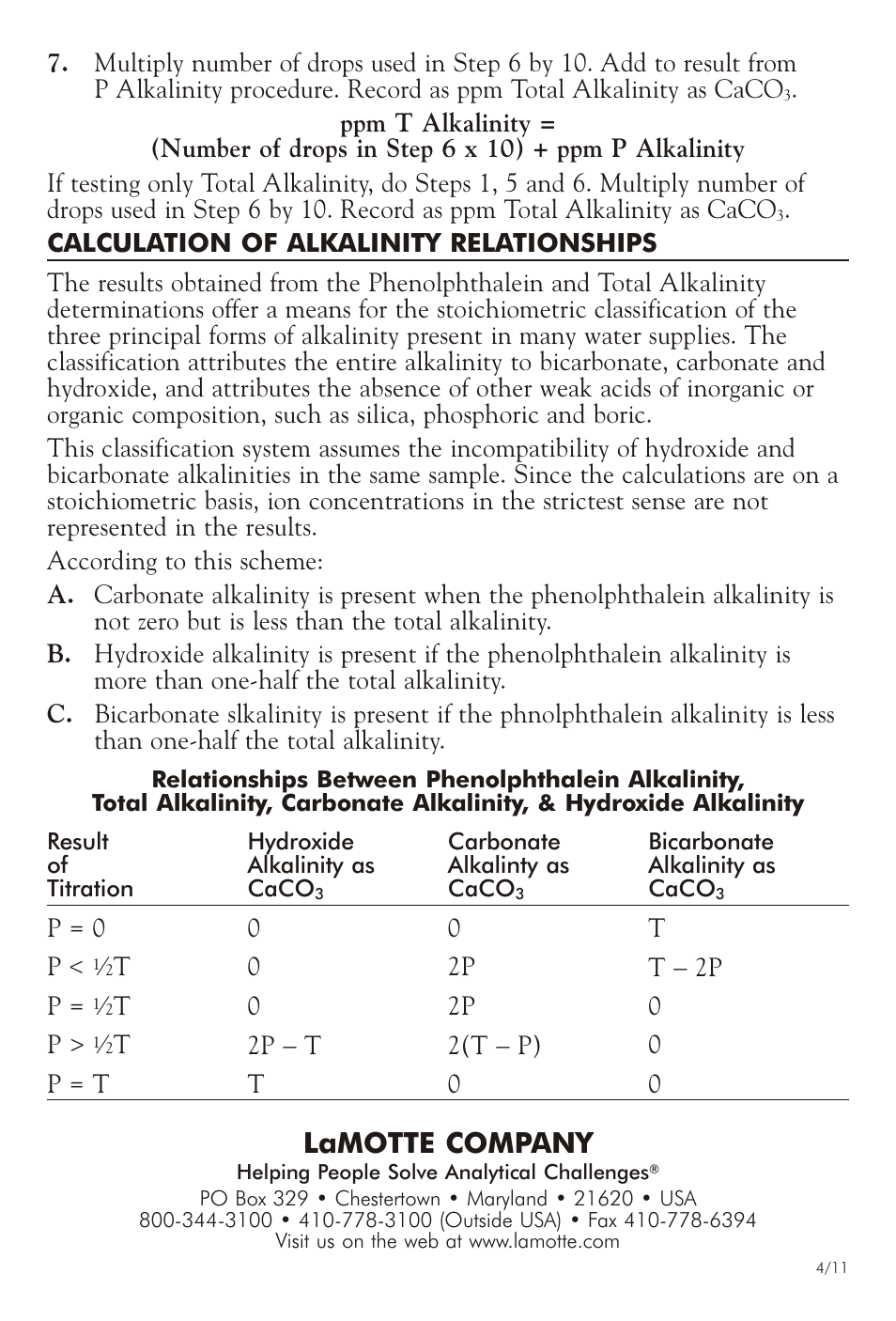 Lamotte com pany | LaMotte TOTAL & PHENOLPHTHALEIN ALKALINITY TEST KIT 4533 User Manual | Page 2 / 2