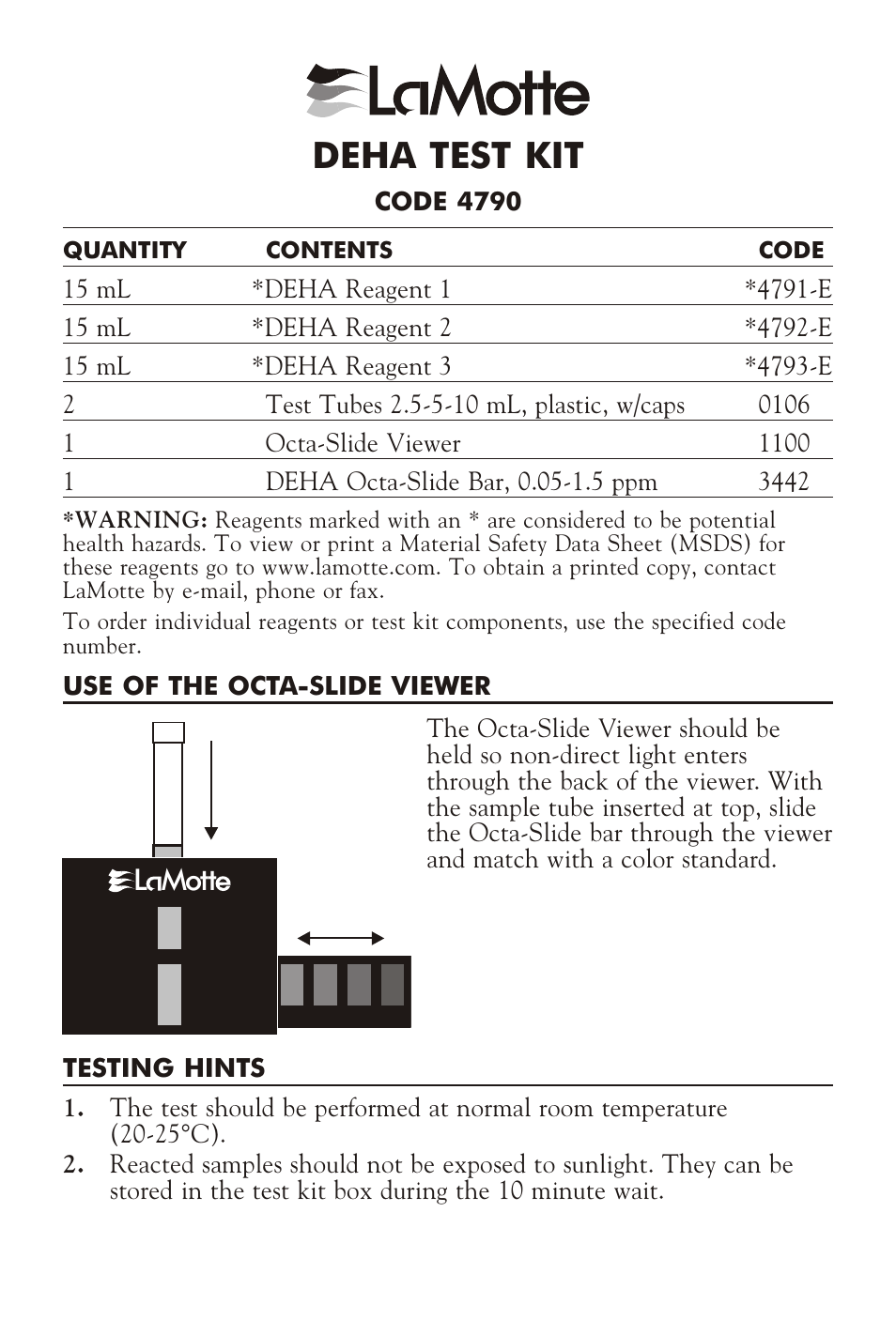 LaMotte DEHA TEST KIT 4790 User Manual | 2 pages