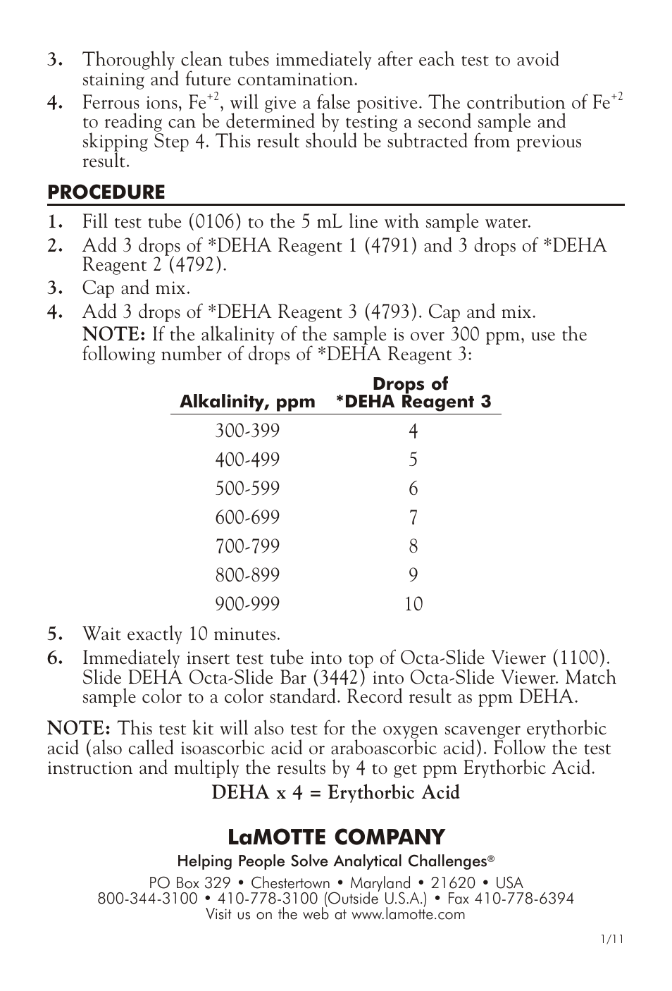 Lamotte com pany | LaMotte DEHA TEST KIT 4790 User Manual | Page 2 / 2