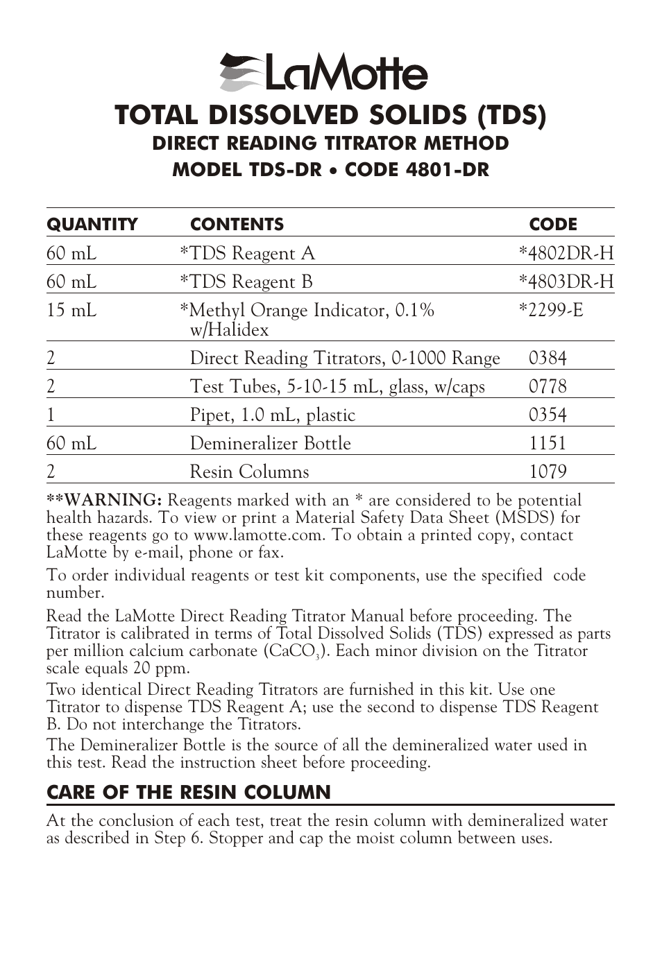 LaMotte TDS-DR 4801-DR User Manual | 2 pages