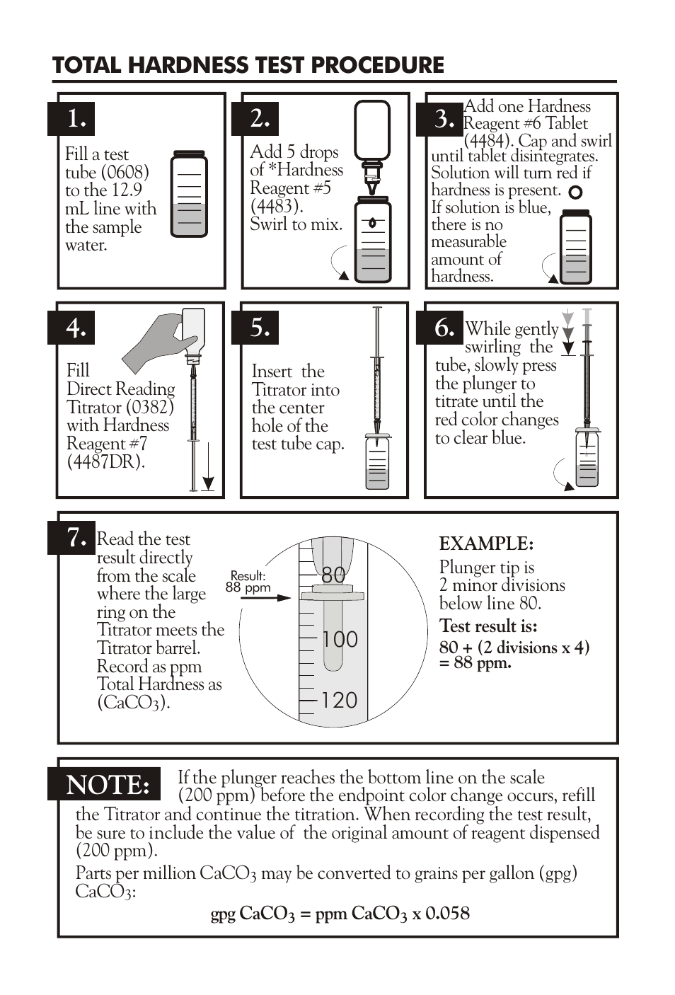 Total hardness test procedure, Caco, Gpg caco = ppm caco x 0.058 | While gently swirling the | LaMotte HARDNESS TEST KIT 4824-DR-LT User Manual | Page 2 / 4