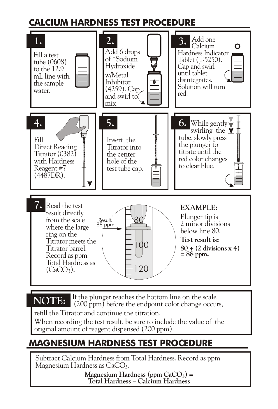 Calcium hardness test procedure, Magnesium hardness test procedure, While gently swirling the | Magnesium hardness (ppm caco ), Total hardness calcium hardness | LaMotte HARDNESS TEST KIT 4824-DR-LT User Manual | Page 3 / 4