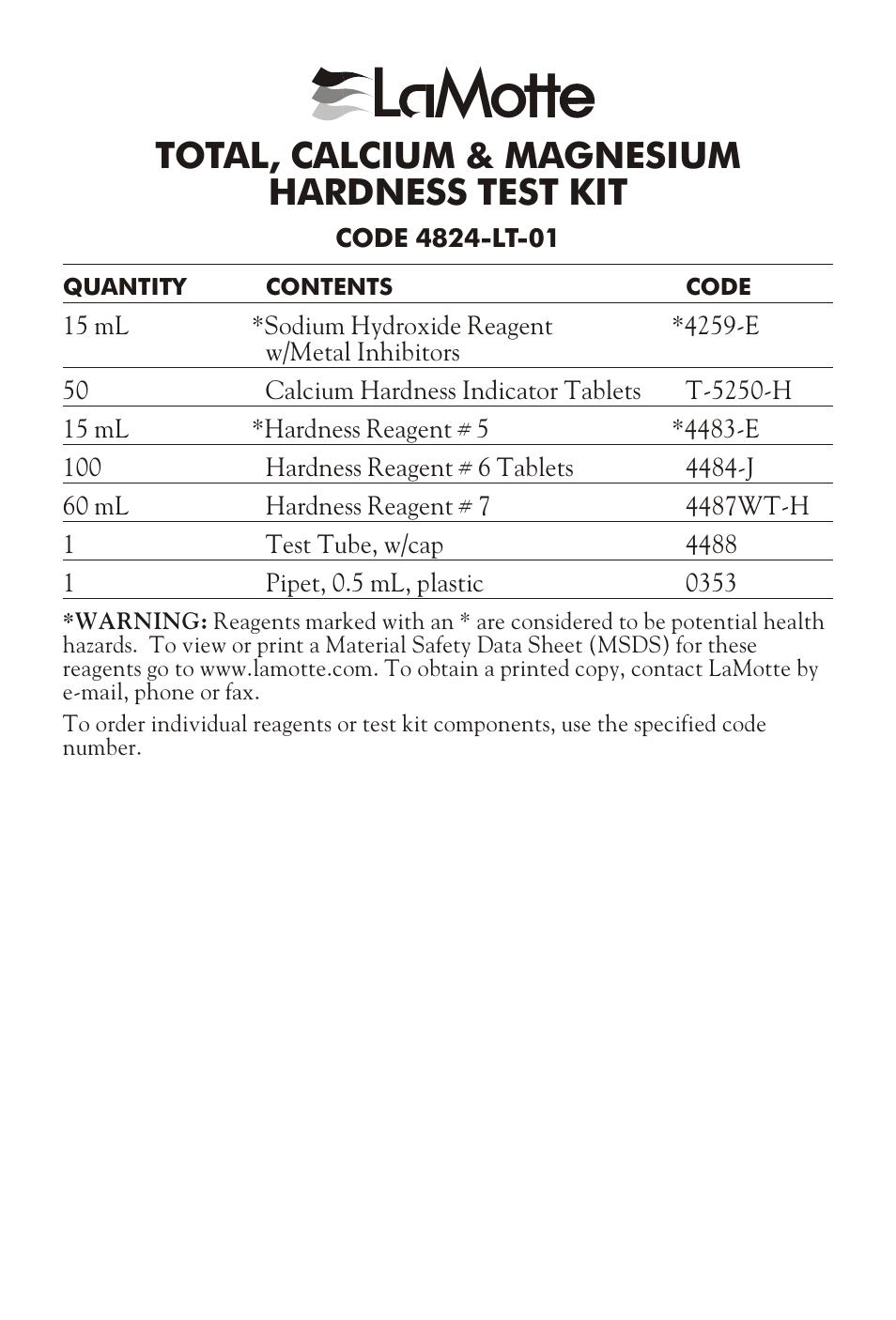 LaMotte HARDNESS TEST KIT 4824-LT-01 User Manual | 5 pages