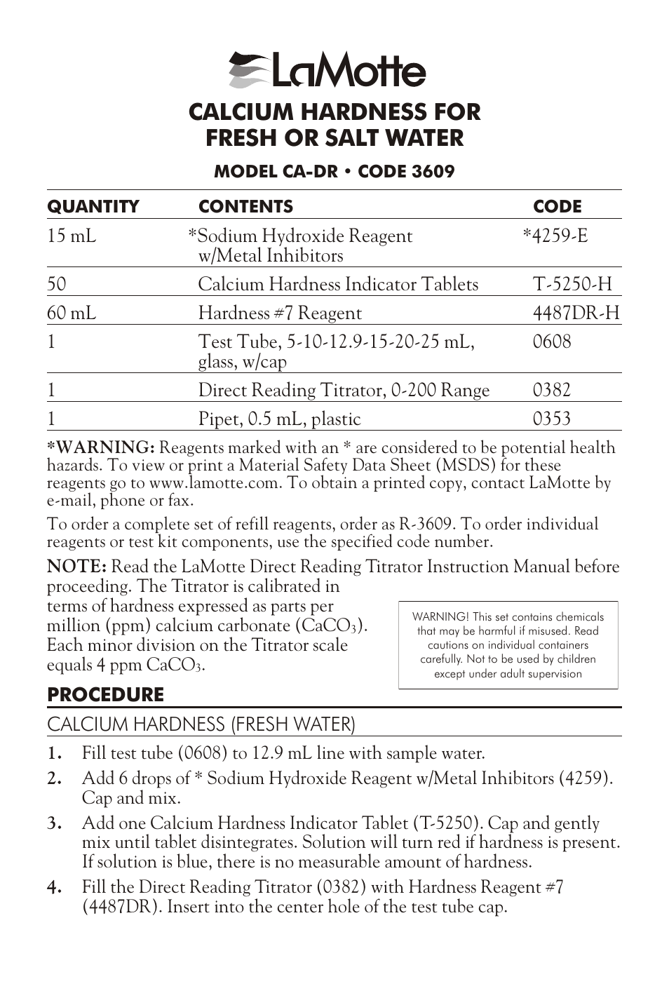 LaMotte CALCIUM HARDNESS FOR FRESH OR SALT WATER CA-DR User Manual | 3 pages