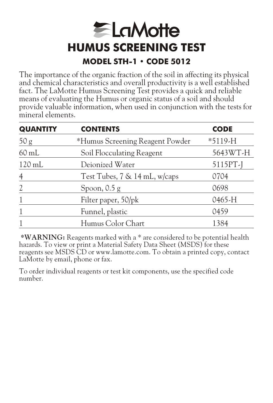 LaMotte HUMUS SCREENING TEST STH-1 User Manual | 2 pages