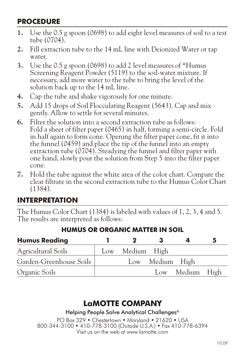 Lamotte com pany | LaMotte HUMUS SCREENING TEST STH-1 User Manual | Page 2 / 2