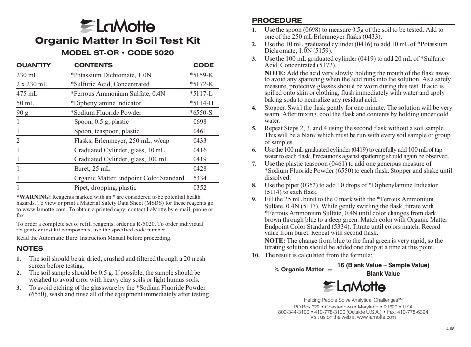 LaMotte Organic Matter In Soil Test Kit ST-OR User Manual | 3 pages