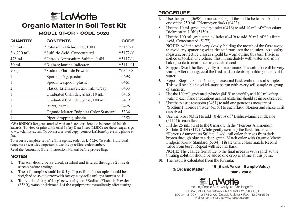 L mott, Or ganic mat ter in soil test kit | LaMotte Organic Matter In Soil Test Kit ST-OR User Manual | Page 2 / 3