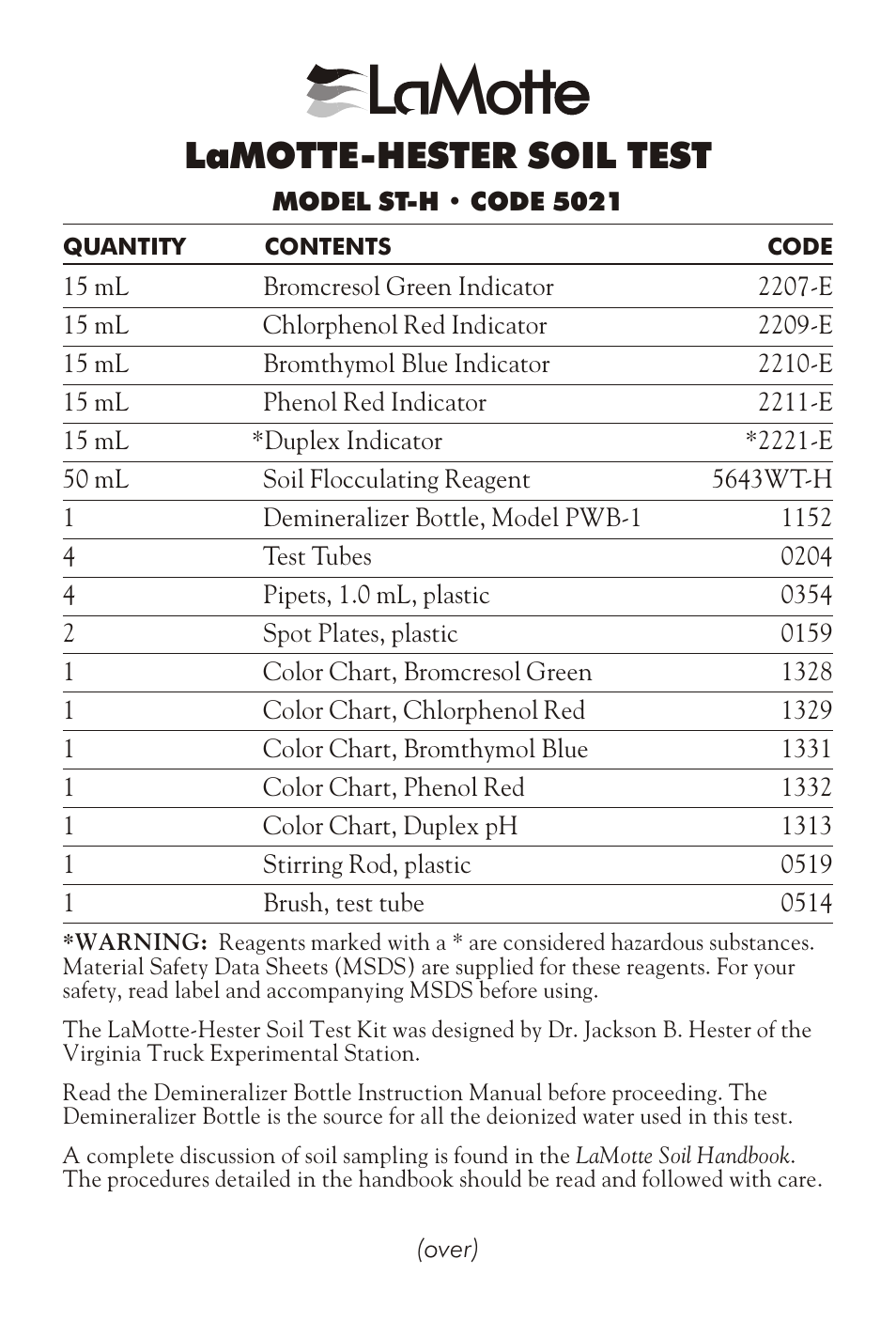 LaMotte HESTER SOIL TEST ST-H User Manual | 3 pages