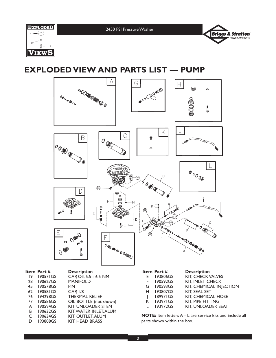 Exploded view and parts list — pump | Briggs & Stratton 020215 (2450 PSI) User Manual | Page 3 / 3
