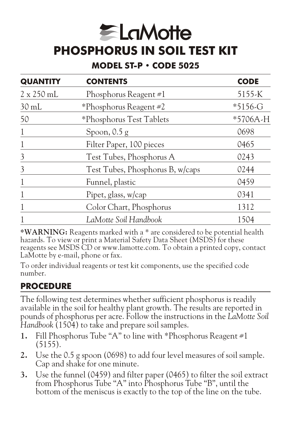 LaMotte PHOSPHORUS IN SOIL TEST KIT ST-P User Manual | 2 pages