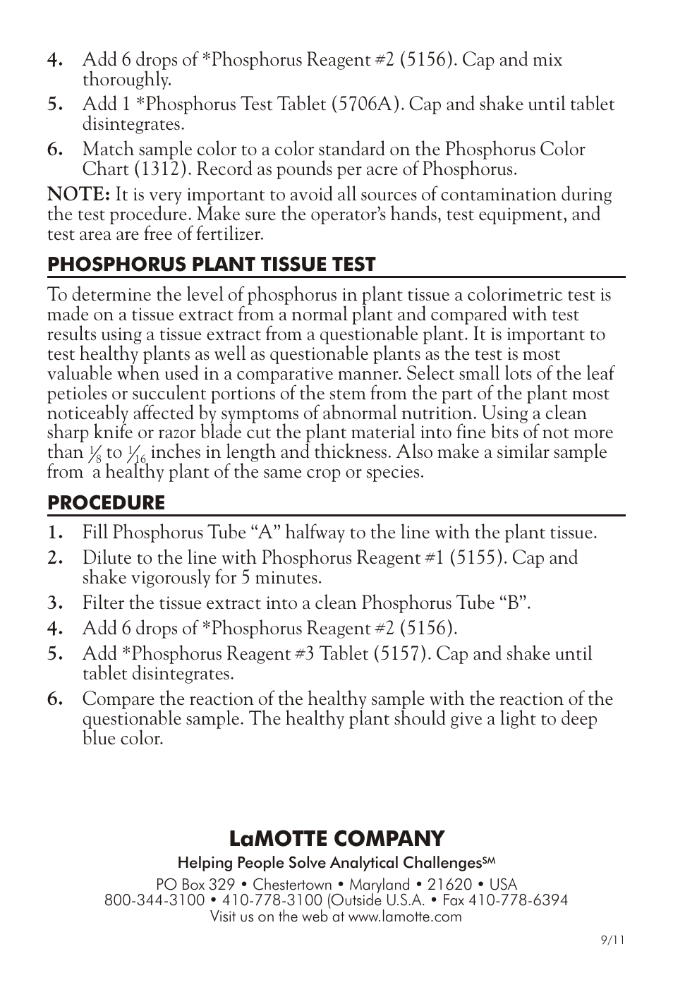 Lamotte com pany | LaMotte PHOSPHORUS IN SOIL TEST KIT ST-P User Manual | Page 2 / 2