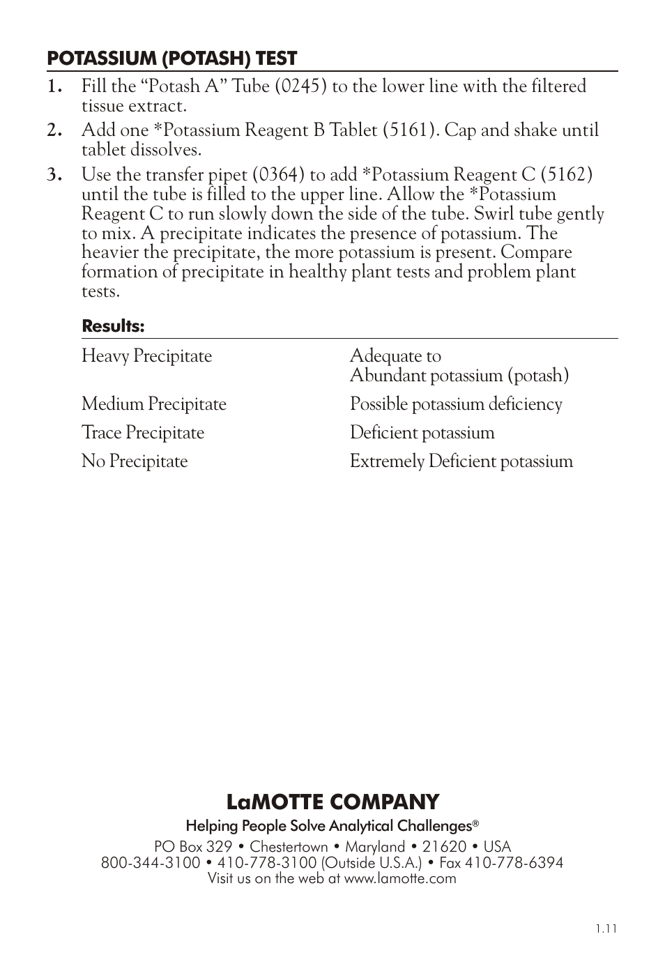 Lamotte com pany | LaMotte PLANT TISSUE TEST KIT PT-3R User Manual | Page 4 / 4