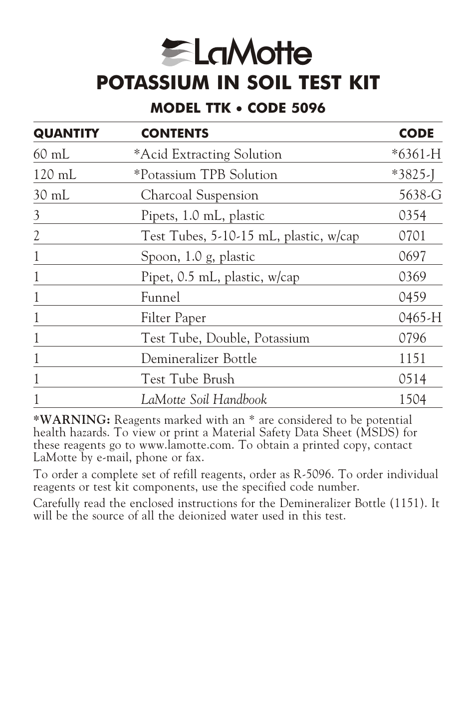 LaMotte POTASSIUM IN SOIL TEST KIT TTK User Manual | 2 pages