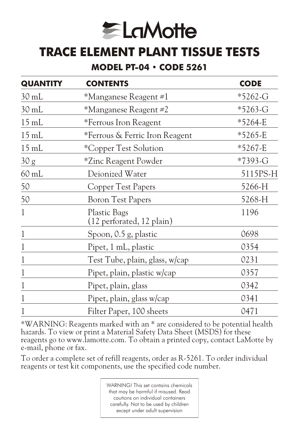 LaMotte TRACE ELEMENT PLANT TISSUE TESTS PT-04 User Manual | 4 pages