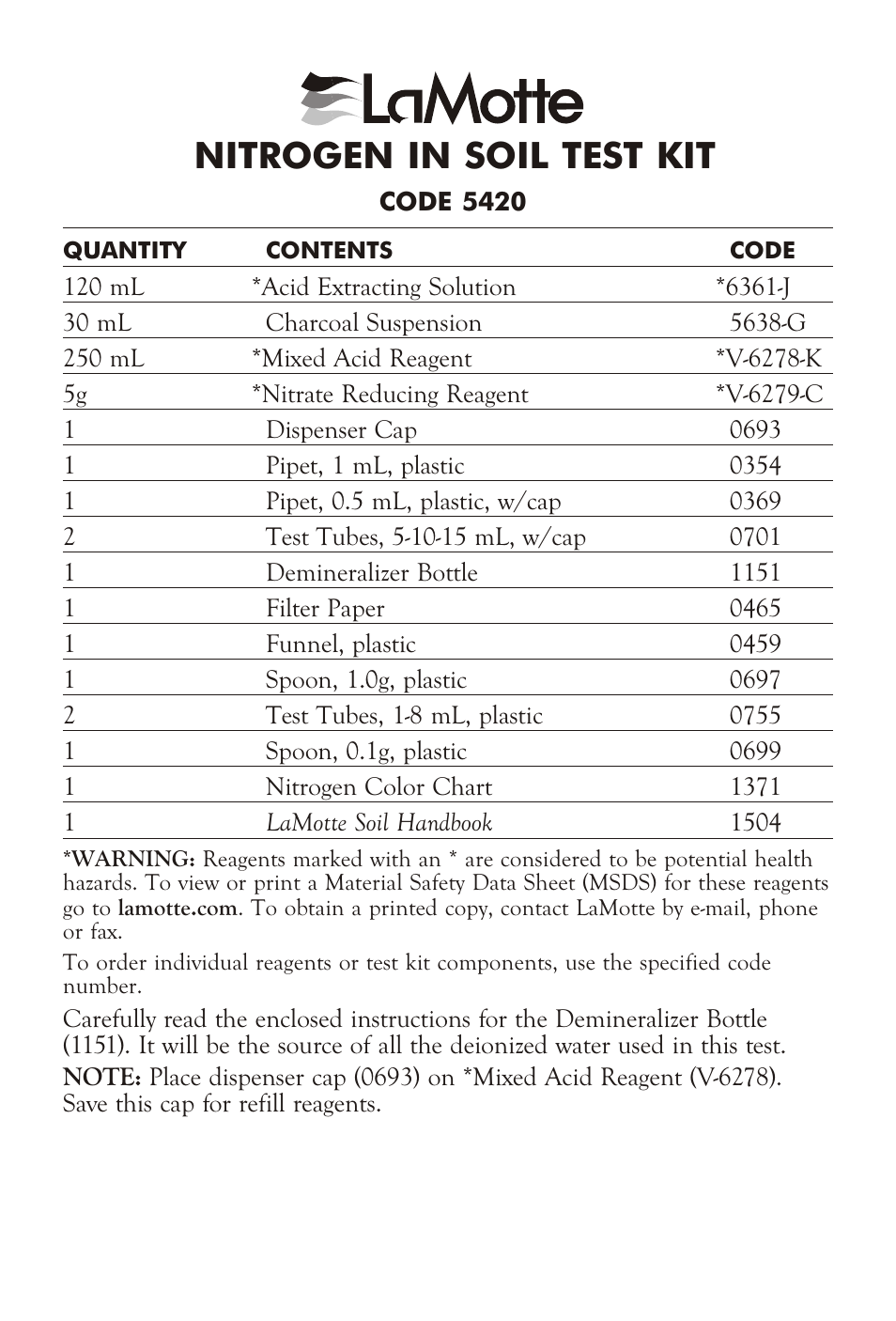 LaMotte NITROGEN IN SOIL TEST KIT User Manual | 2 pages