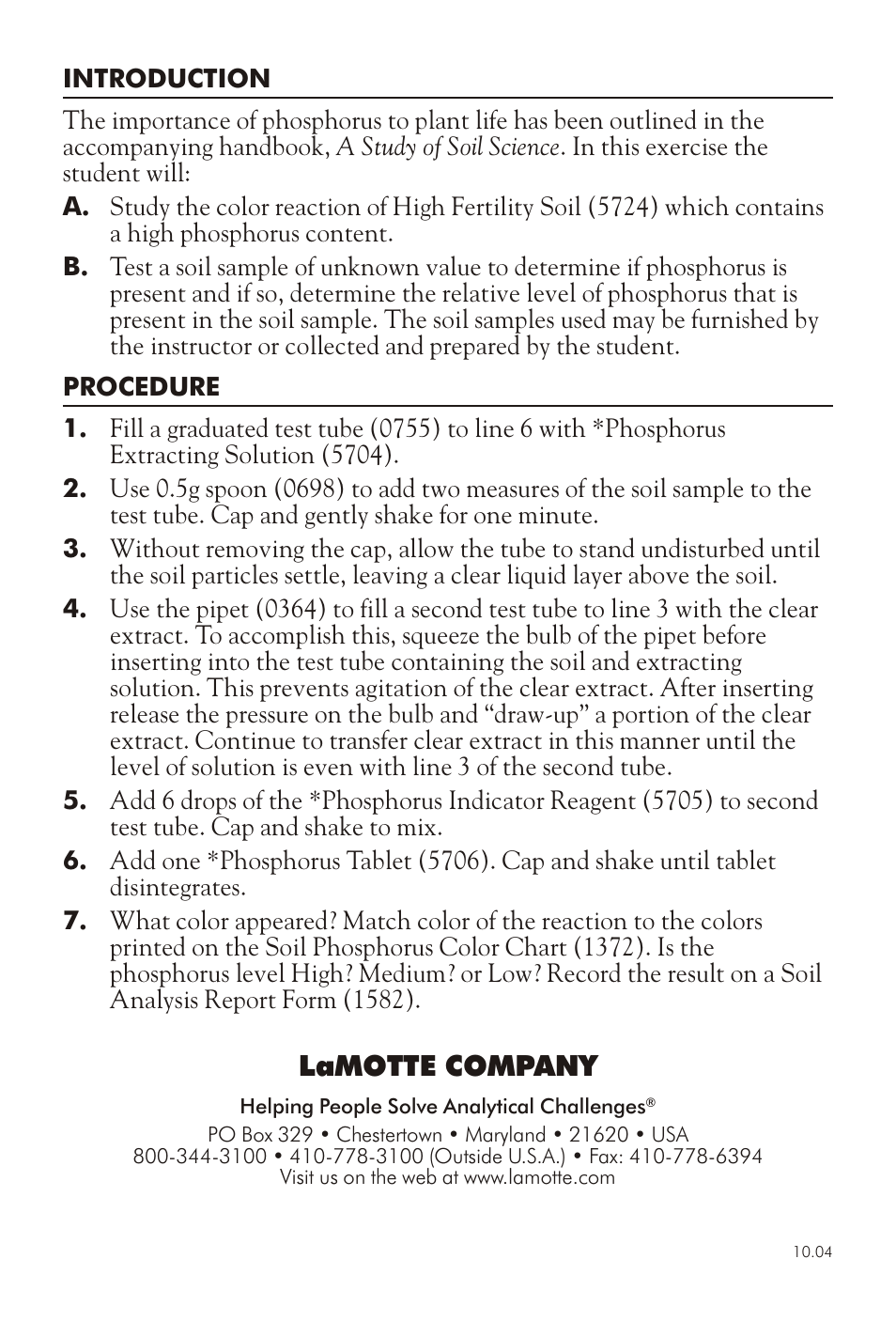 Lamotte com pany | LaMotte SOIL PHOSPHORUS DEMONSTRA TION TEST KIT User Manual | Page 2 / 2