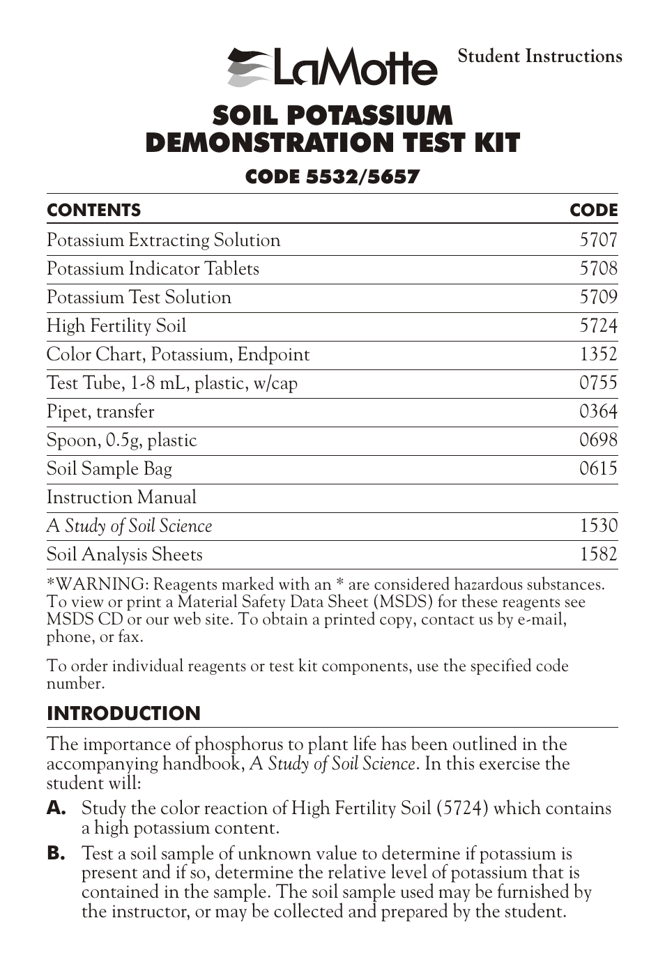 LaMotte SOIL POTASSIUM DEMONSTRA TION TEST KIT User Manual | 2 pages