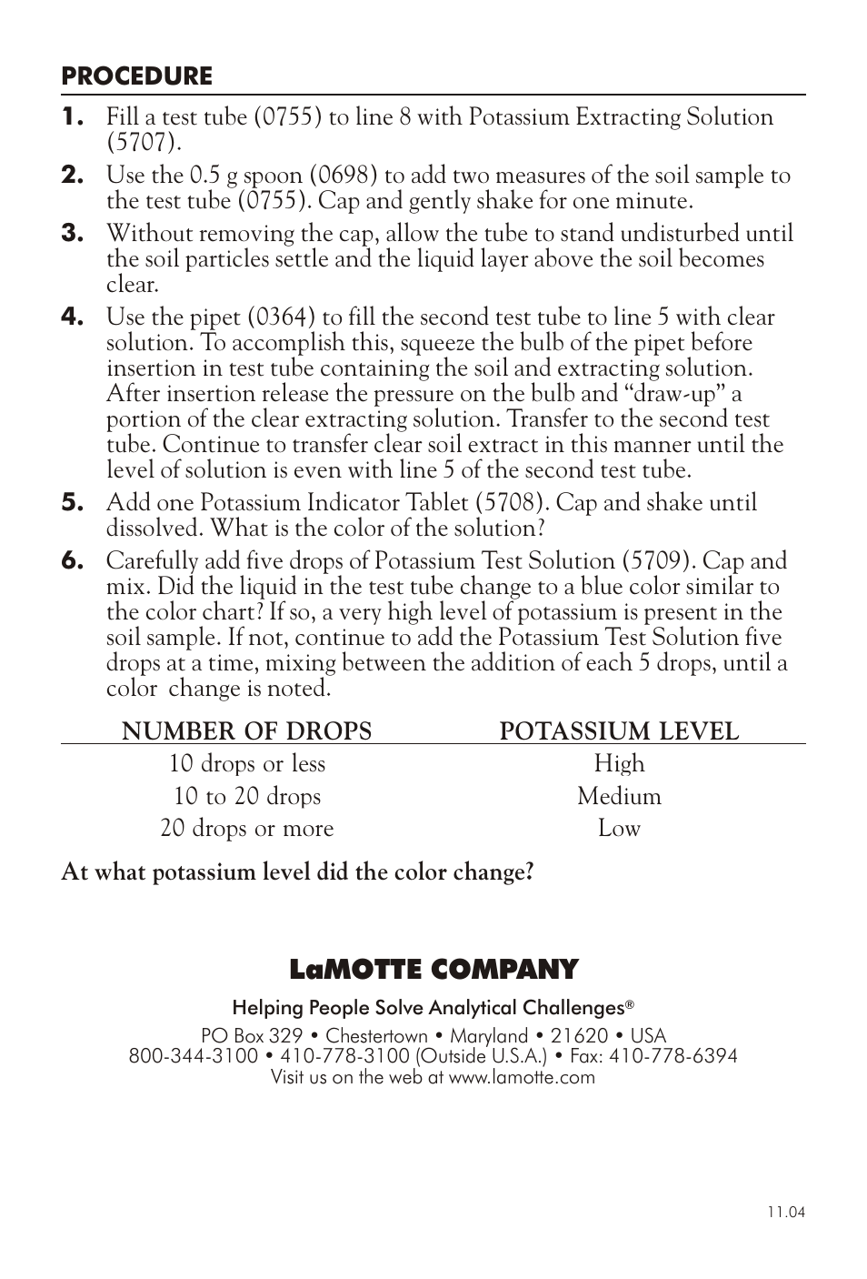 Lamotte com pany | LaMotte SOIL POTASSIUM DEMONSTRA TION TEST KIT User Manual | Page 2 / 2