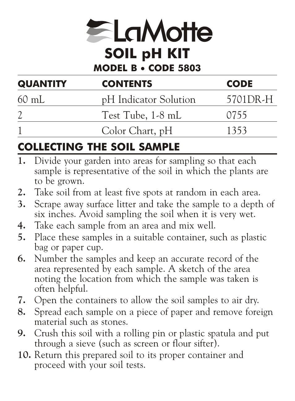 LaMotte SOIL pH KIT B User Manual | 2 pages