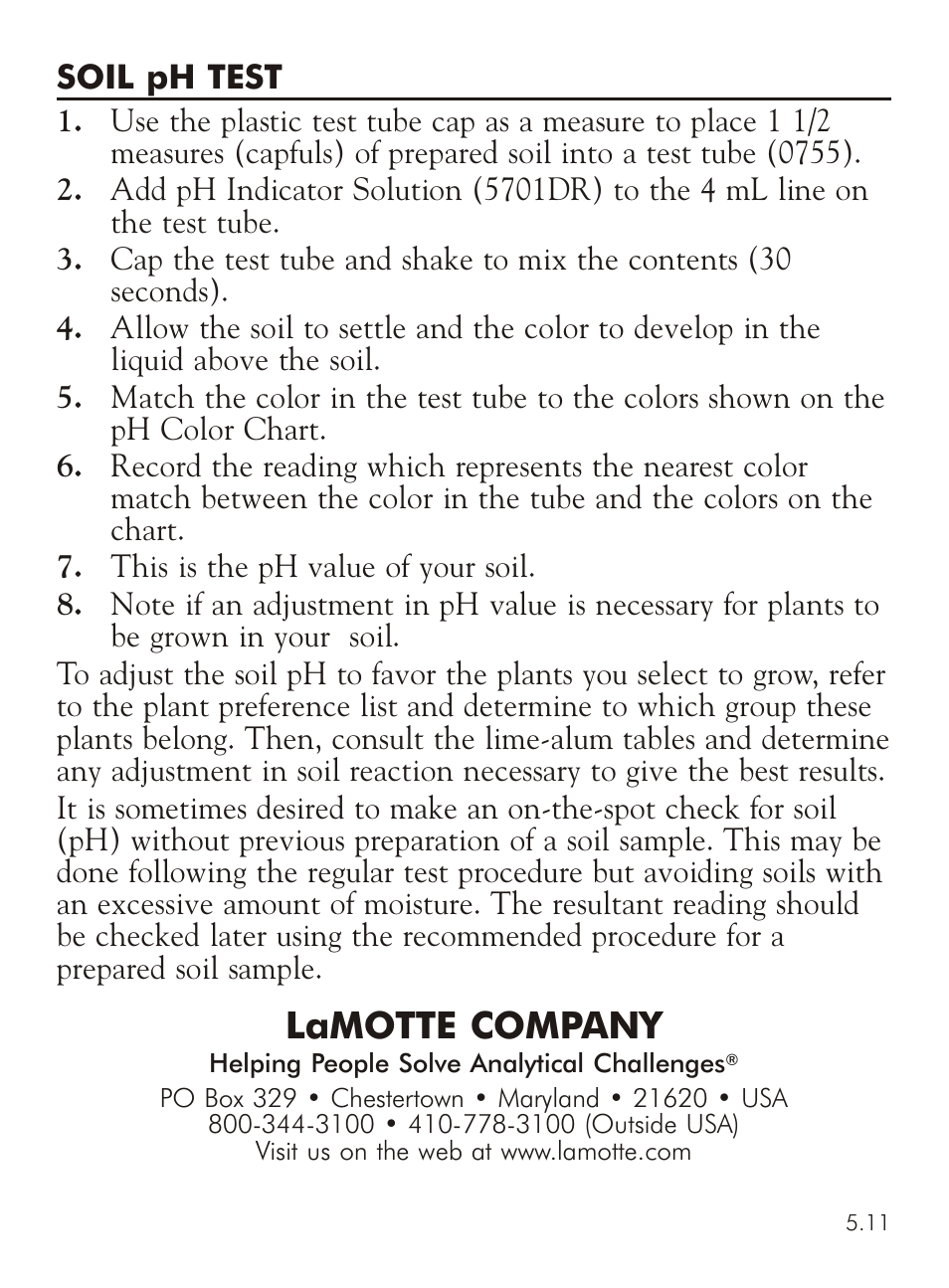 Lamotte com pany | LaMotte SOIL pH KIT B User Manual | Page 2 / 2