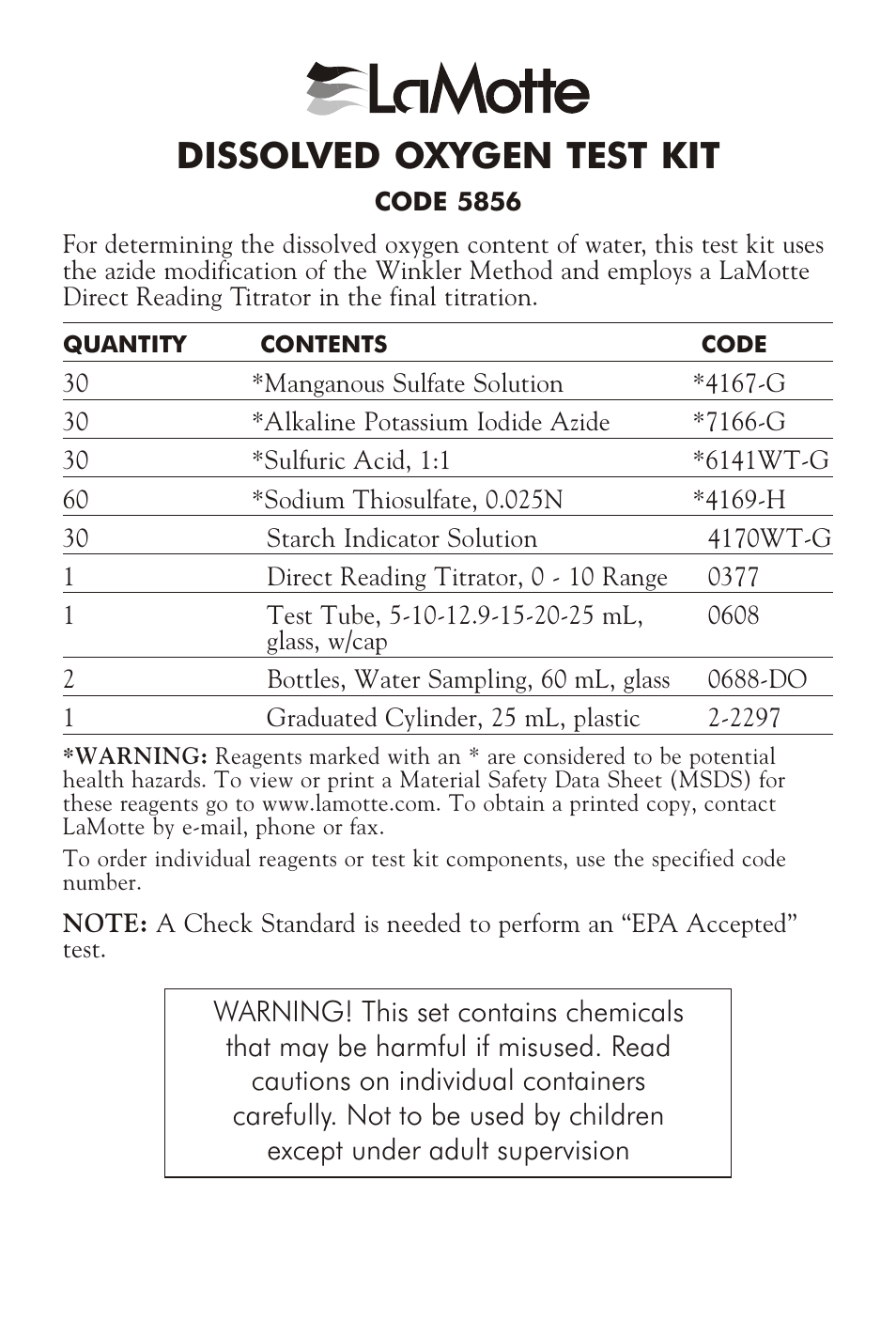 LaMotte DISSOLVED OXYGEN TEST KIT User Manual | 5 pages