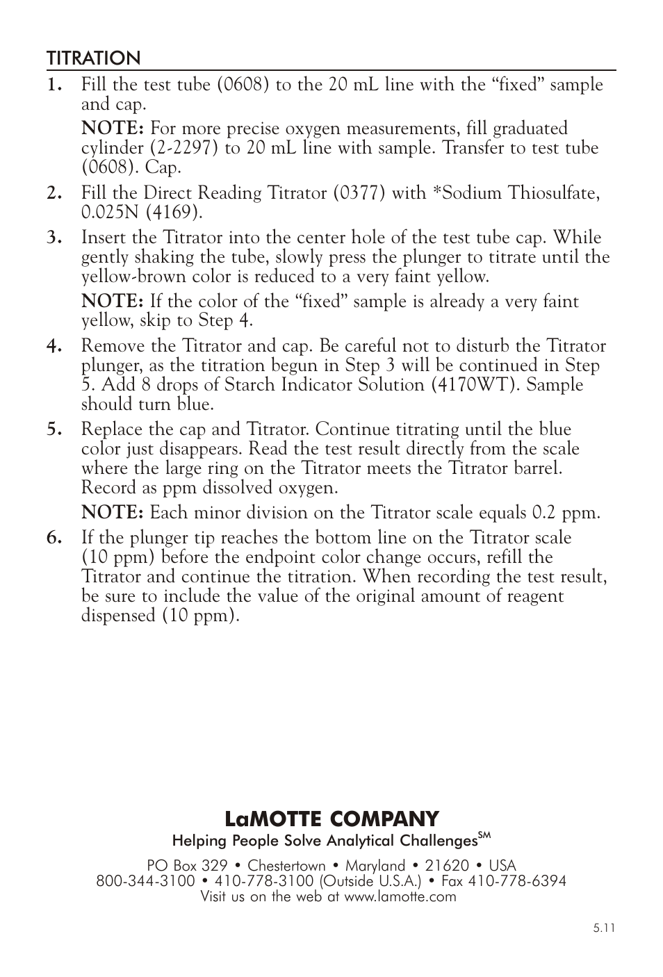 Lamotte com pany | LaMotte DISSOLVED OXYGEN TEST KIT User Manual | Page 4 / 5