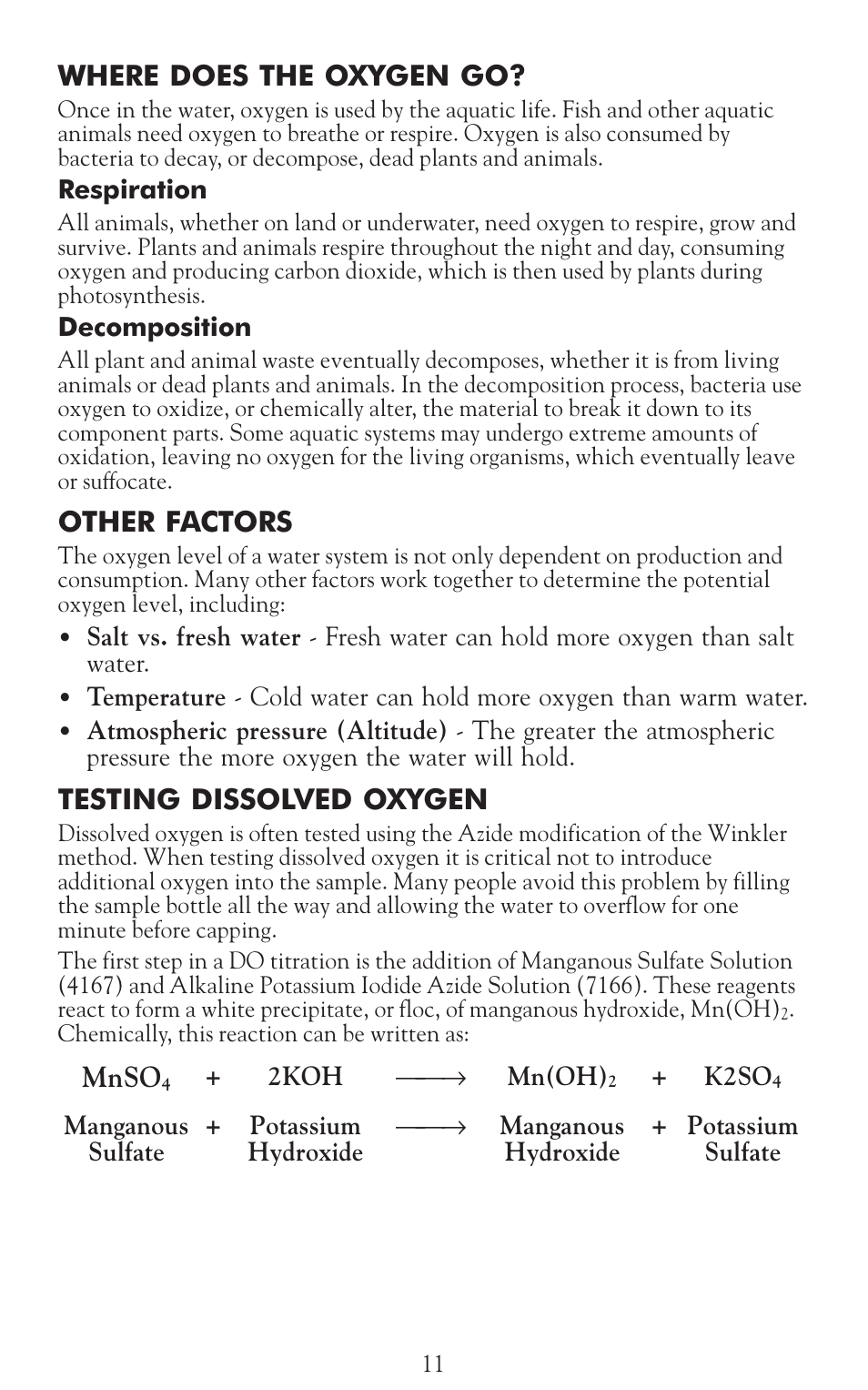 Where does the oxygen go, Other factors, Testing dissolved oxygen | Mnso | LaMotte Dissolved Oxygen Water Quality User Manual | Page 13 / 24