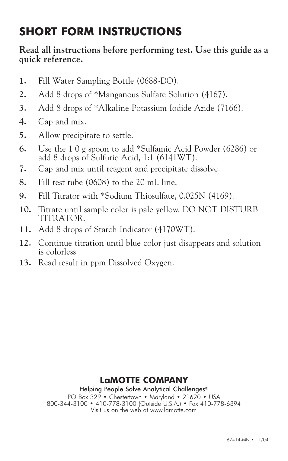 Short form instructions | LaMotte Dissolved Oxygen Water Quality User Manual | Page 24 / 24