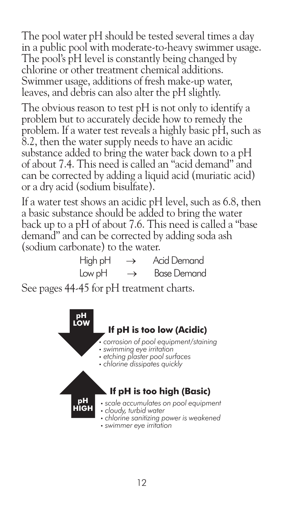 See pages 44-45 for ph treatment charts, High ph ® acid demand low ph ® base demand | LaMotte Pool Manager Water Quality Handbook User Manual | Page 14 / 56