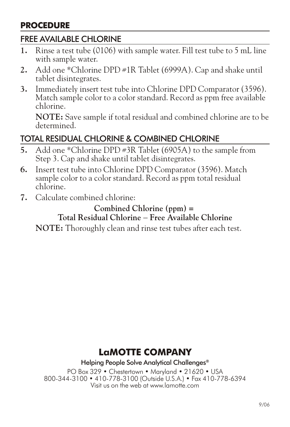 Lamotte com pany | LaMotte DPD TEST KIT 5910 User Manual | Page 2 / 4