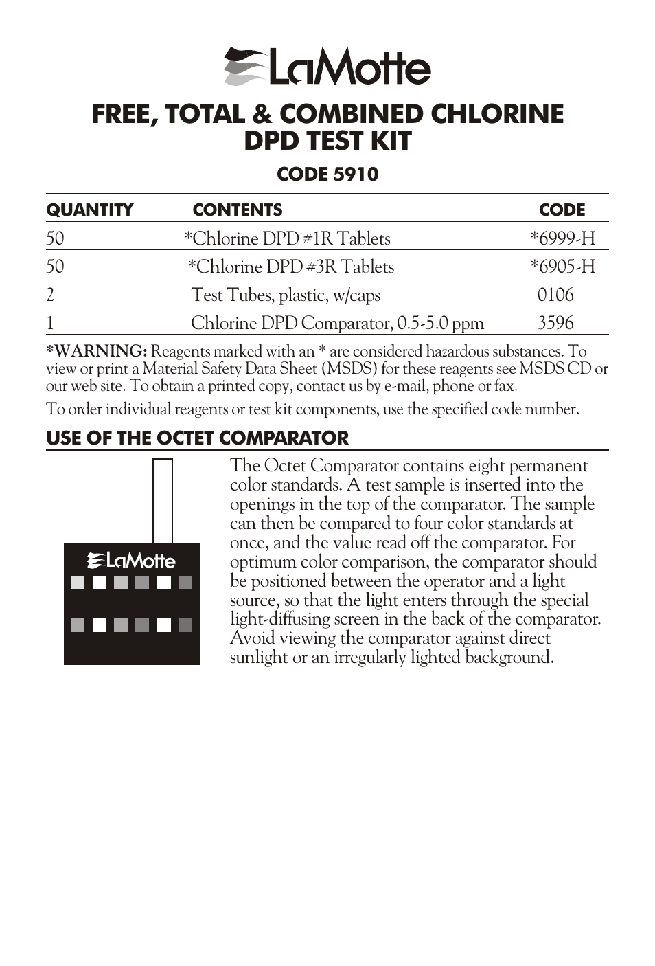 Free, to tal & com bined chlo rine dpd test kit | LaMotte DPD TEST KIT 5910 User Manual | Page 3 / 4