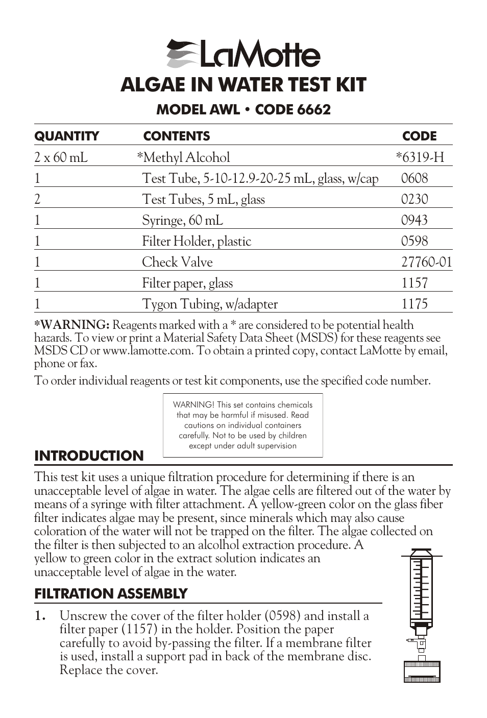 LaMotte ALGAE IN WATER TEST KIT AWL User Manual | 3 pages