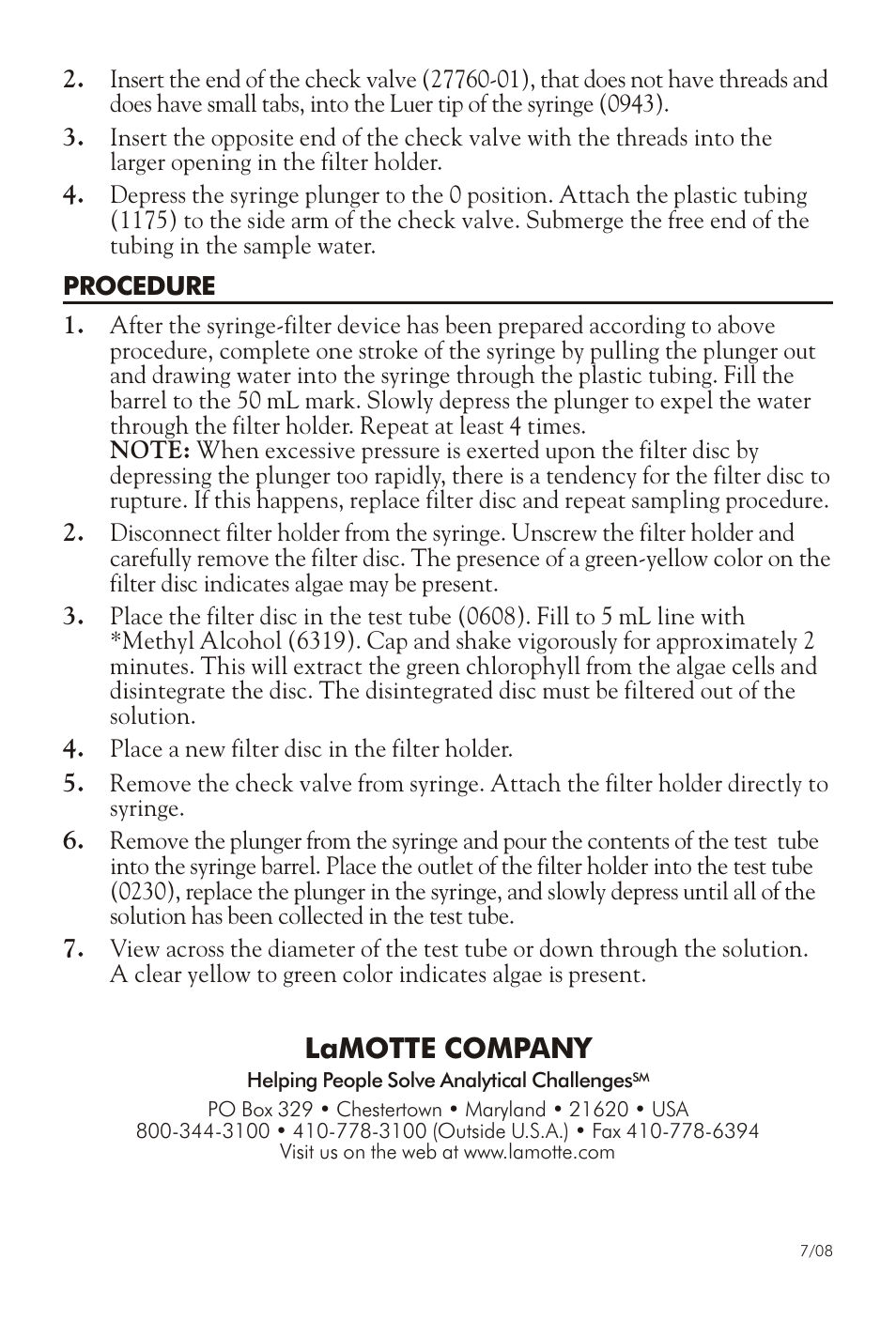 Lamotte com pany | LaMotte ALGAE IN WATER TEST KIT AWL User Manual | Page 2 / 3