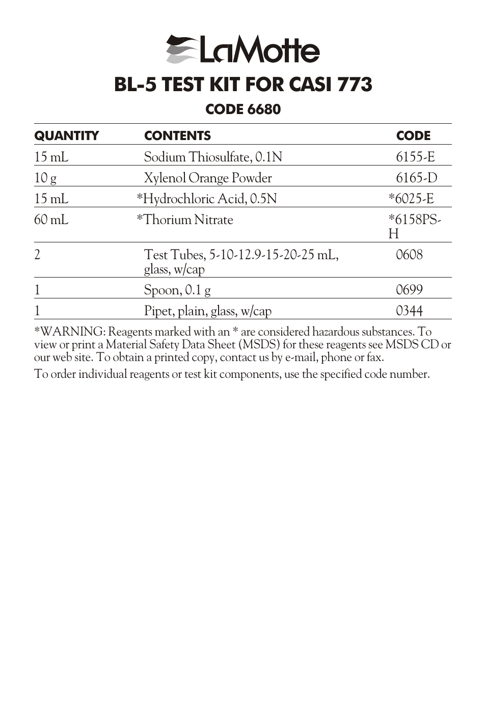 LaMotte BL-5 TEST KIT FOR CASI 773 User Manual | 4 pages