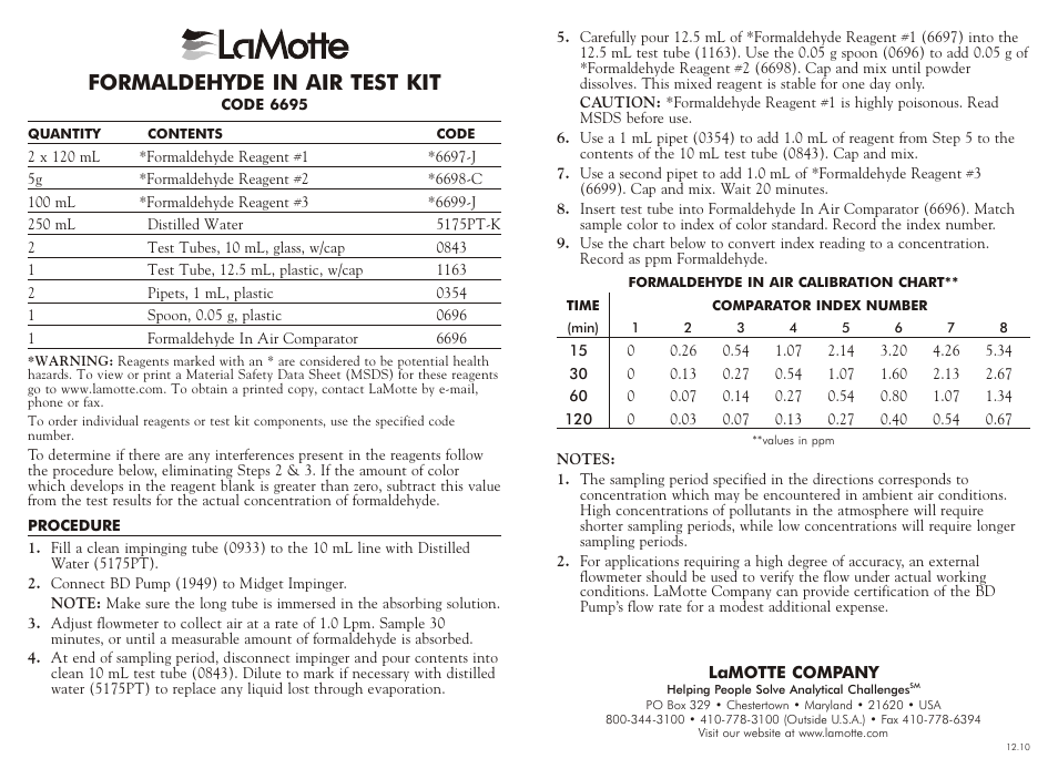 LaMotte FORMALDEHYDE IN AIR TEST KIT User Manual | 2 pages