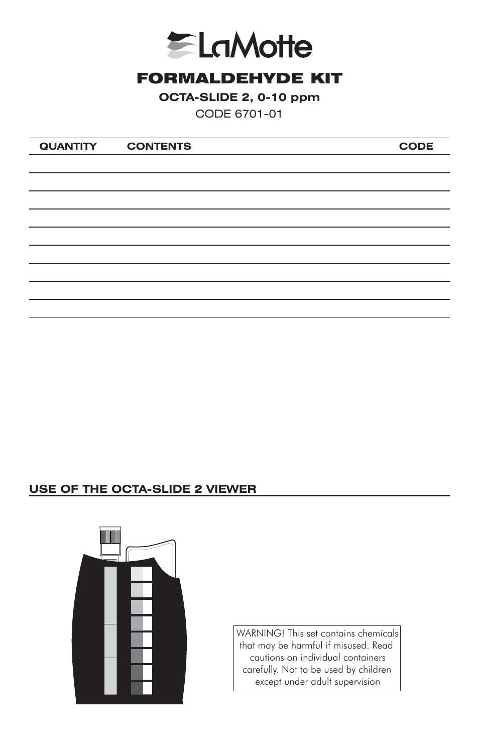 LaMotte FORMALDEHYDE KIT OCTA-SLIDE 2, 0-10 ppm User Manual | 2 pages