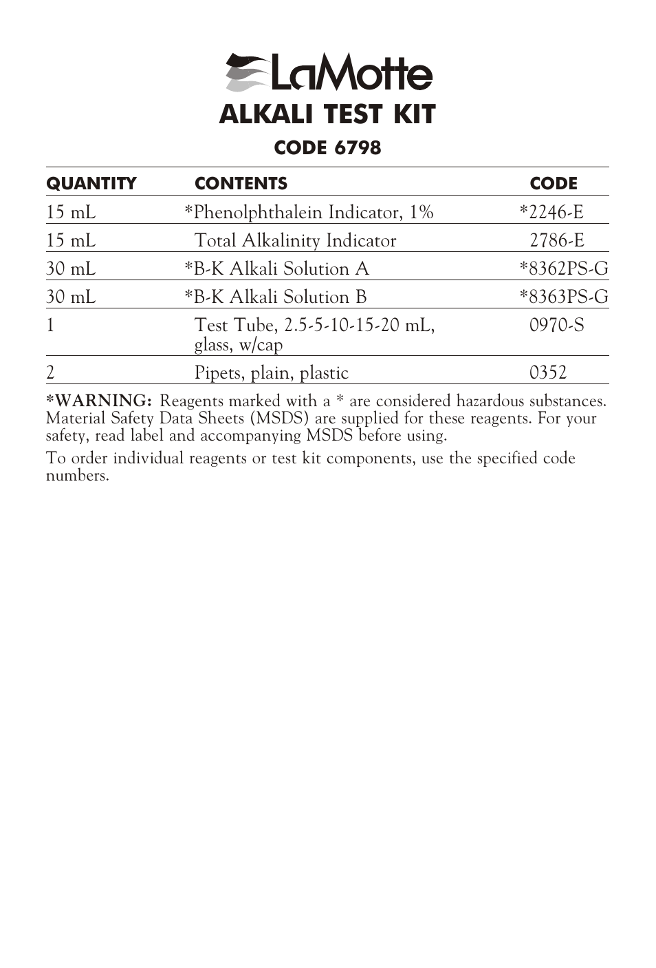 LaMotte ALKALI TEST KIT 6798 User Manual | 4 pages