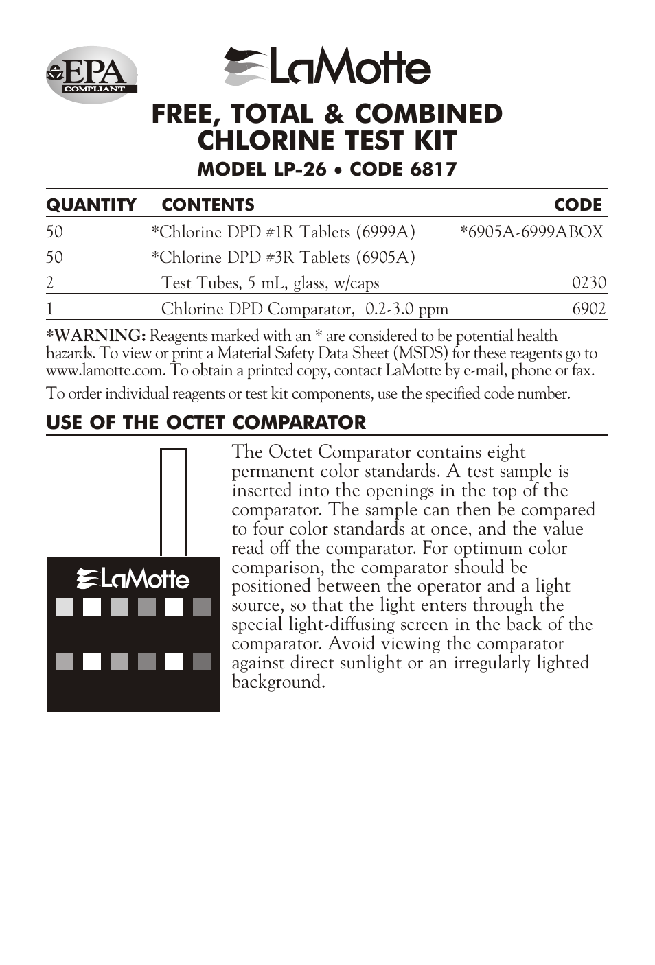 LaMotte CHLORINE TEST KIT LP-26 User Manual | 2 pages