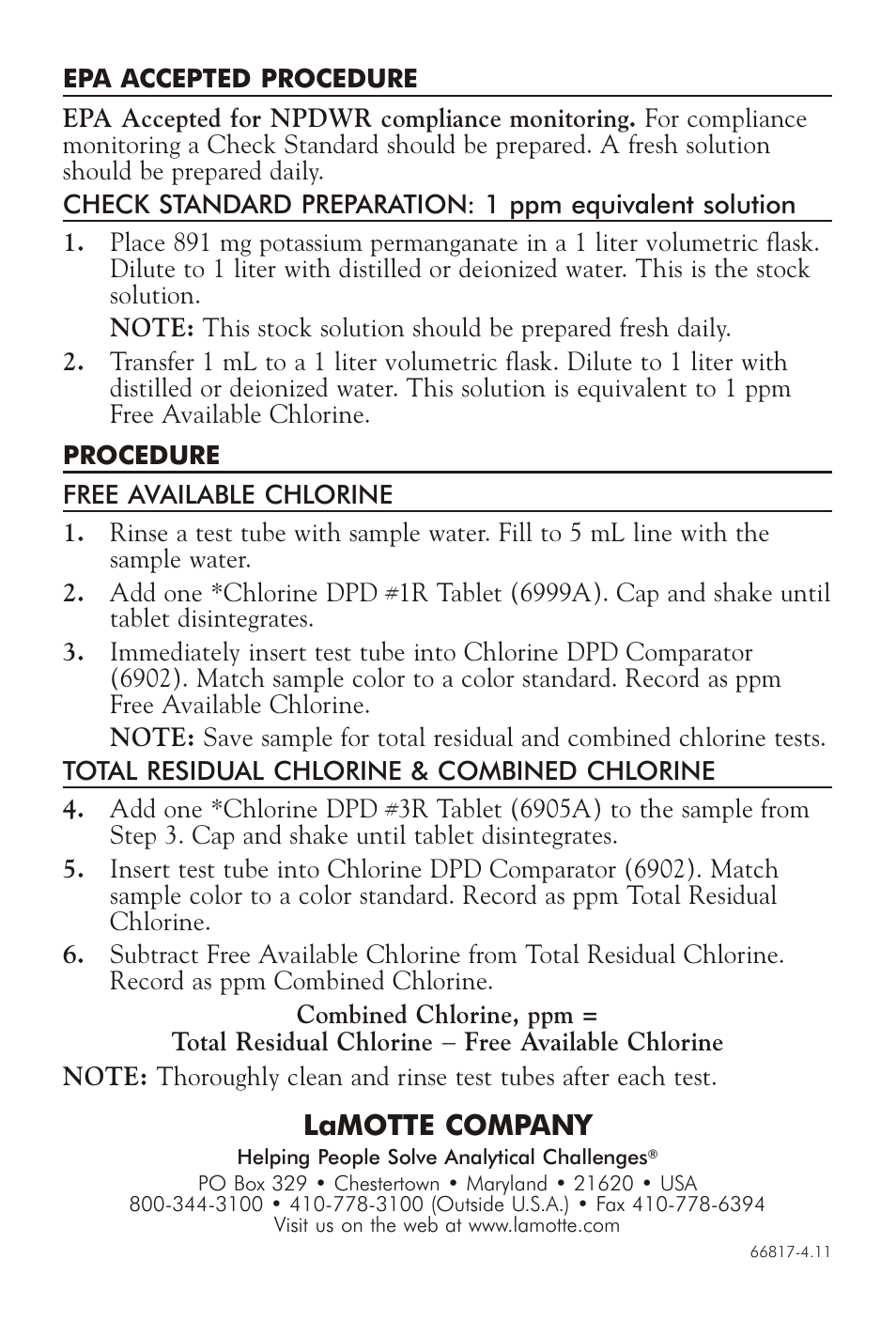 Lamotte com pany | LaMotte CHLORINE TEST KIT LP-26 User Manual | Page 2 / 2