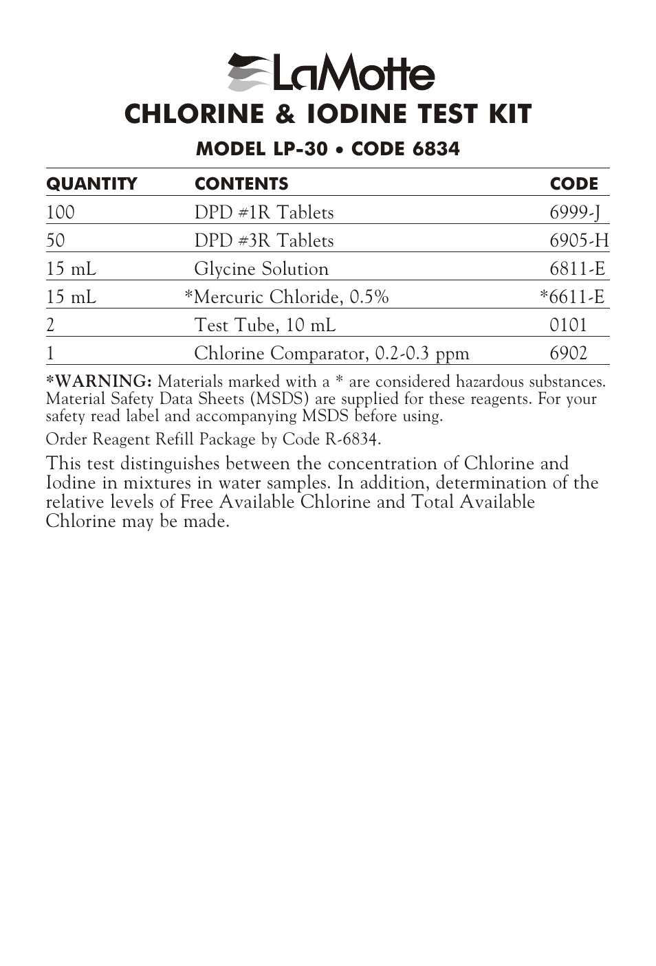 LaMotte CHLO RINE & IO DINE TEST KIT LP-30 User Manual | 2 pages