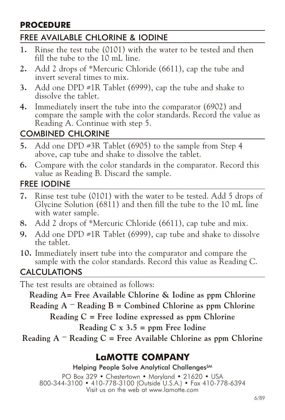 Lamotte com pany | LaMotte CHLO RINE & IO DINE TEST KIT LP-30 User Manual | Page 2 / 2