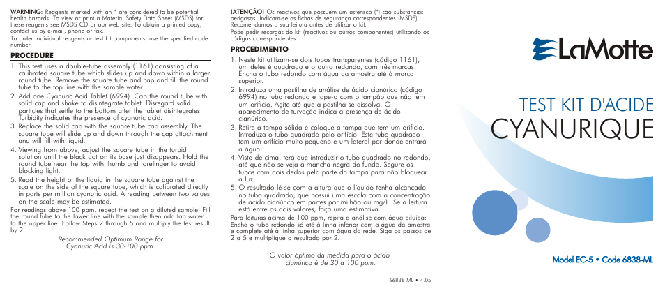 LaMotte TEST KIT D'ACIDE CYANURIQUE EC-5 User Manual | 2 pages